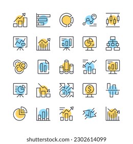 Infographics line icons. Set of infographic icons. Black, blue and yellow colors. Modern outline graphic design. Vector line icons set