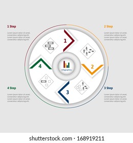 Infographics: list of steps and stages in red, yellow, green, blue colors as circle diagram