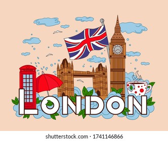 Infographics Of London Travel. Vector Background, Big Ben, Tower Bridge, Phone, Cup Of Tea, Umbrella, Clouds, Rain.