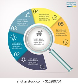 Infographics with magnifying glass. Analysis of the central element with 5 steps, options, parts, processes. Colorful vector template for presentation and training.