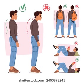 Infografía con el hombre mostrando posturas corporales adecuadas e inapropiadas para la mochila de pie, lectura y transporte, que incluye el desprendimiento y la caza o posiciones de columna recta, ilustración de vectores de dibujos animados