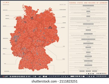 Infographics map of federal states of Germany with administrative division into lands and regions of the country