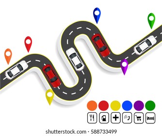 Infographics. Marks navigator. Winding road with markings. Cars. Top view with shadow. Vector illustration