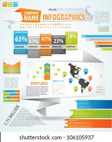 Infographics master collection: graphs, histograms, arrows, chart, map, icons and a lot of related design elements in origami style