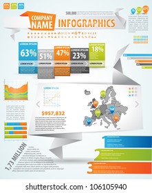 Infographics master collection: graphs, histograms, arrows, chart, map, icons and a lot of related design elements in origami style