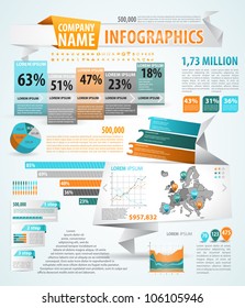 Infographics master collection: graphs, histograms, arrows, chart, map, icons and a lot of related design elements in origami style