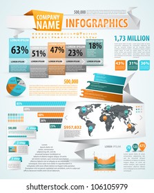 Infographics master collection: graphs, histograms, arrows, chart, map, icons and a lot of related design elements in origami style