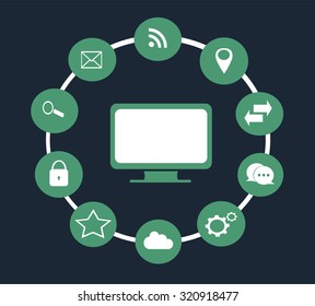Infographics media icons with screen in the middle of the circle