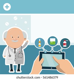 Infographics medicine. The doctor talks about the Internet pharmacy. Vector illustration for your design