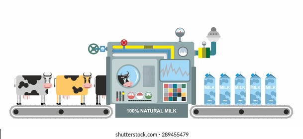 Infographics  milk production. Stages of milk production from cows. Conveyor belt with cows. Natural product. Vector illustration. System production of dairy products. Apparatus for lifting milk