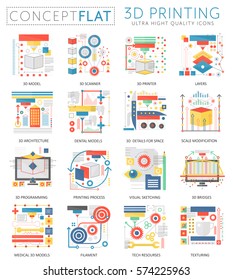 Infographics mini concept 3d printing technology icons for web. Premium quality color conceptual flat design web graphics icons elements. 3d printing concepts