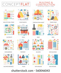 Infographics mini concept building construction tools icons for web. Premium quality color conceptual flat design web graphics icons elements. Building Construction tools concepts