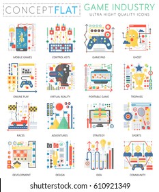 Infographics mini concept Game industry icons for web. Premium quality color conceptual flat design web graphics icons elements. Game industry technology concepts.