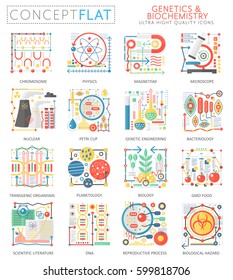 Infographics mini concept Genetics biochemistry icons for web. Premium quality color conceptual flat design web graphics icons elements. Genetics biochemistry technology concepts.