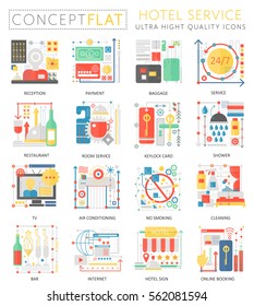 Infographics mini concept green Hotel service icons for web. Premium quality color conceptual flat design web graphics icons elements. Hotel service technology concepts