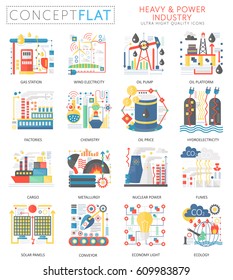 Infographics mini concept Heavy and power industry icons for web. Premium quality color conceptual flat icons elements. Heavy power industry technology concepts.