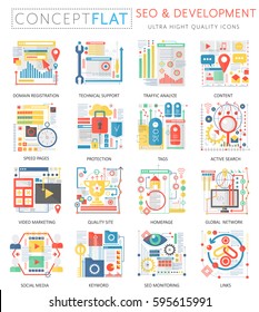 Infographics mini concept SEO and development icons for web. Premium quality color conceptual flat design web graphics icons elements