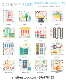 Infographics mini concept Smart modern city elements icons for web. Premium quality color conceptual flat design web graphics icons elements. Smart city concepts.