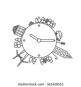 Infographics modern city living concept. Clock with icons of the city, travel, forests. Abstract vector illustration time on the Earth. Planet with buildings and trees