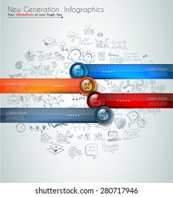 Infographics modern template to classify data and informations with an original touch. Sketches, Glass effect elements, icons, reflections and shadows are made to maximize the visual impact.