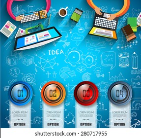 Infographics modern template to classify data and informations with an original touch. Sketches, Glass effect elements, icons, reflections and shadows are made to maximize the visual impact.