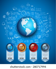 Infographics modern template to classify data and informations with an original touch. Sketches, Glass effect elements, icons, reflections and shadows are made to maximize the visual impact.