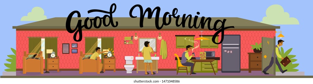 Infographics of Morning routine with calligraphic script Good Morning. Vector Isolated Graphic design elements and illustration. Male person character sleeping, waking up, eating in his house.
