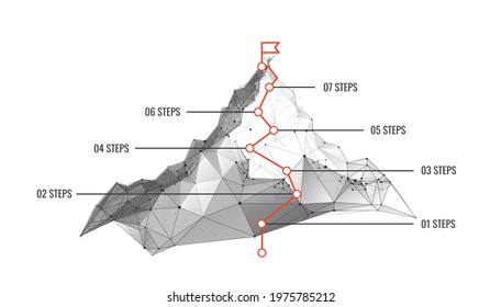 Infographics with mountain concept of the way to the goal in digital futuristic style on white background. Vector concept illustration of the way up the mountain