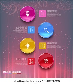 Infographics. Music concept. Realistic glass banners. Vector illustration