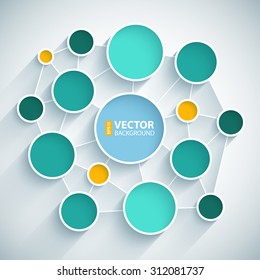 Infographics network flat design scheme with blue, green and yellow circles and white lines on light grey background. RGB EPS 10 vector illustration