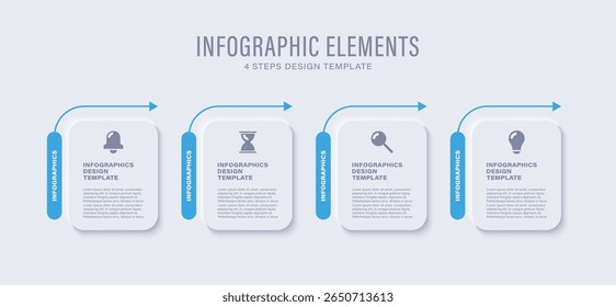 Infographics in neumorphism style. Four steps infographic layout with business icons and text