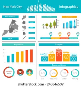 Infographics New York City - stock vector. Map, population, transportation, charts and diagrams on a white background for your business projects.