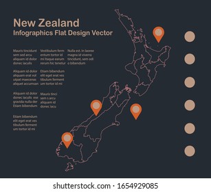 Infographics New Zealand map outline, flat design, color blue orange vector