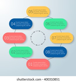 Infographics number options. Minimalistic design template. Vector diagram, chart, graph with 8 steps, options, parts, processes with arrows. 