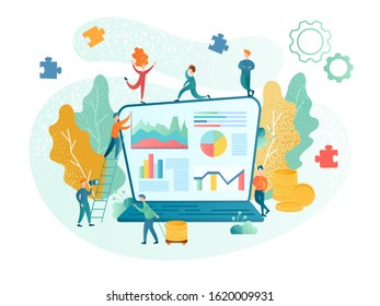 Infographics on the computer screen. The virtual office business team optimizes the efficiency of the company's profit and revenue forecasting and accounting system. Vector illustration