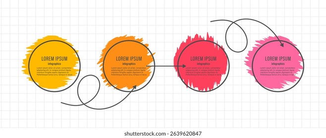 Infographics on four steps or processes. Children's infographic template on a sheet of notebook with colorful blots