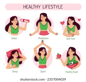 Infographics on how to lead a healthy lifestyle. Information banner. Vector illustration with a flat girl