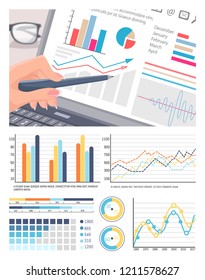 Infographics on laptop screen, analysis of data vector. Graphics and charts, business person pointing on flowcharts. Scheme pie diagram information