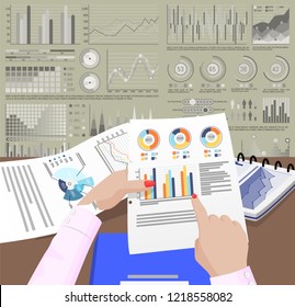 Infographics on pages of businesswoman, flowcharts vector. Statistics business information organization, document with data and analysis researches