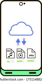 Infographics on the topic of cloud technology. The smartphone uses the Internet cloud to save files. Vector graphics