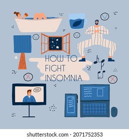 Infographics on ways to fight insomnia. Set of elements. Tips on how to beat a bad dream. Vector illustration in a flat style.