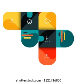 Infografik Option und Schritt für Schritt in abgerundeten Quadraten, Element des Diagramms, Diagramm, Diagramm mit Optionen, Teilen, Prozessen. Vektorgeschäftsvorlage für Präsentation oder Web-Info-Banner