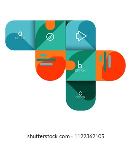 Infografik Option und Schritt für Schritt in abgerundeten Quadraten, Element des Diagramms, Diagramm, Diagramm mit Optionen, Teilen, Prozessen. Vektorgeschäftsvorlage für Präsentation oder Web-Info-Banner