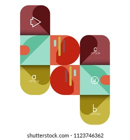 Opción de infografía y paso a paso en cuadrados redondeados, elemento de gráfico, gráfico, diagrama con opciones, partes, procesos. Plantilla de negocio de vectores para banner de presentación o información web