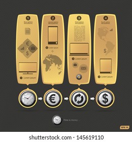 Infographics options banners with clock, different currency symbol and informatics technologies. Vector illustration