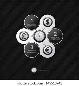 Infographics options banners with clock and three different currency symbol.