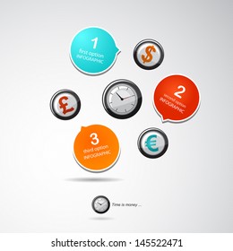 Infographics options banners with clock and three different currency symbol.