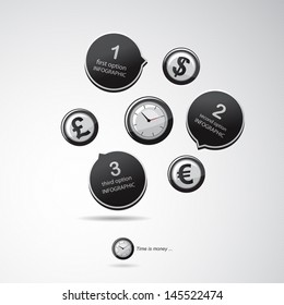 Infographics options banners with clock and three different currency symbol.