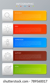 Infographics options template with paper sheets and icon for 5 options