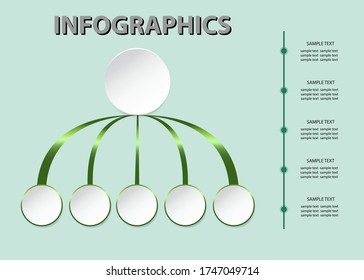 Gráfico de organización de infografías con cinco etiquetas de círculo y línea de tiempo listas para el texto.
